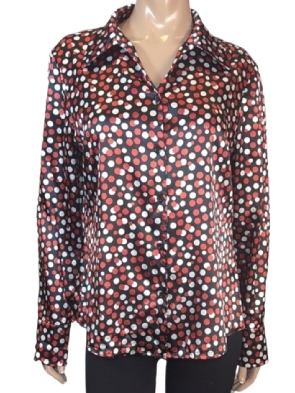 Kasper Polka Dot Satin Button Down Shirt Womens Size 12 Red Black White